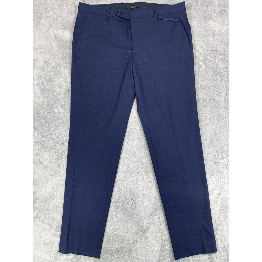 Mango Dress Pants Mens 38 Navy Slim Fit Plaid Check Oxford Business Tailored